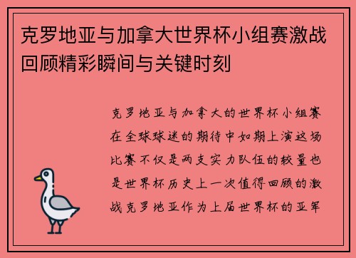 克罗地亚与加拿大世界杯小组赛激战回顾精彩瞬间与关键时刻