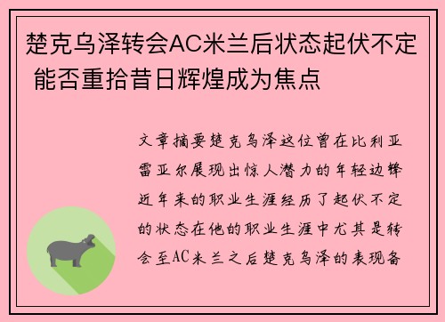 楚克乌泽转会AC米兰后状态起伏不定 能否重拾昔日辉煌成为焦点